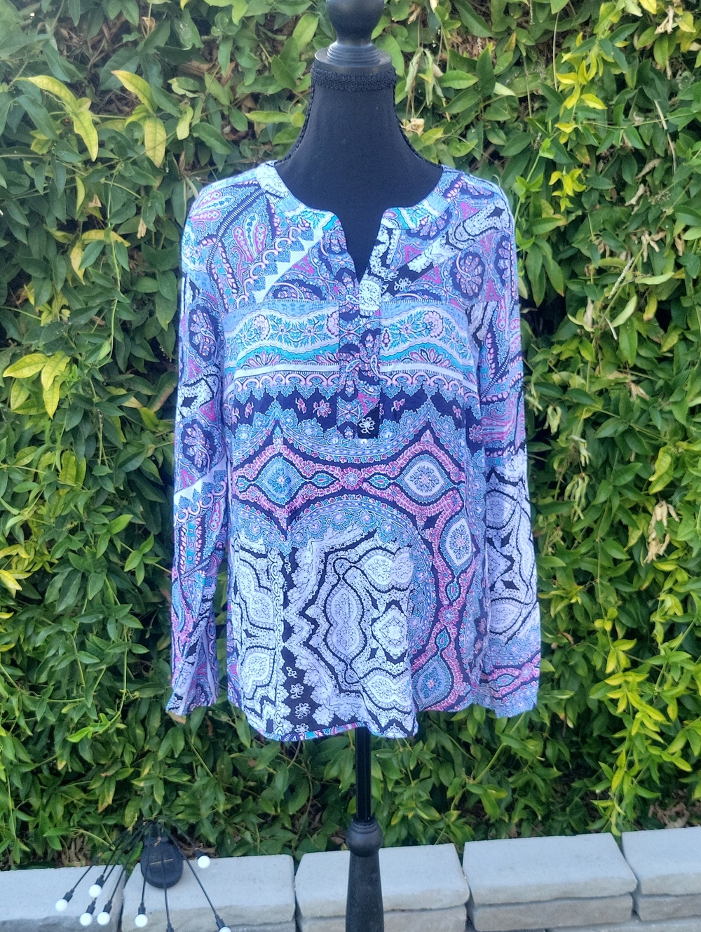 Paisley Print Long-Sleeve Pullover Top in Blue and Pink